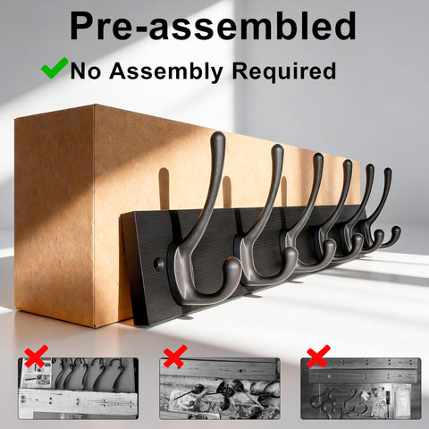 HONSKY Wall Coat Rack,Wooden Wall Coat Hook,6 Double Hooks,44cm,Coat and Towel Hanger Storage for Entryway, Bathroom, Bedroom