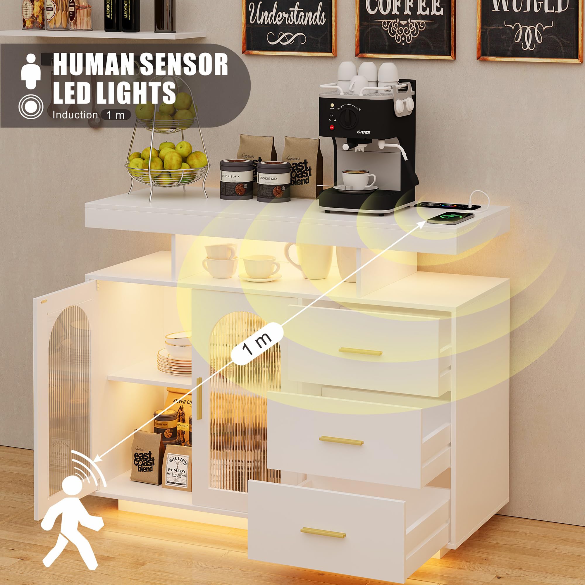 FREDEES Sideboard Buffet Cabinet with 3 Drawers and LED Lights, White
