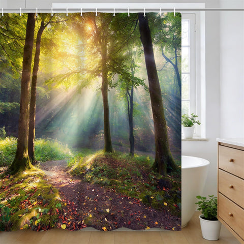 Kzzfqxb 105x160cm Shower Curtains with Plastic Hooks, Tyndall Effect Country Forest Sunshine Through Green Trees Waterproof Polyester Fabric for