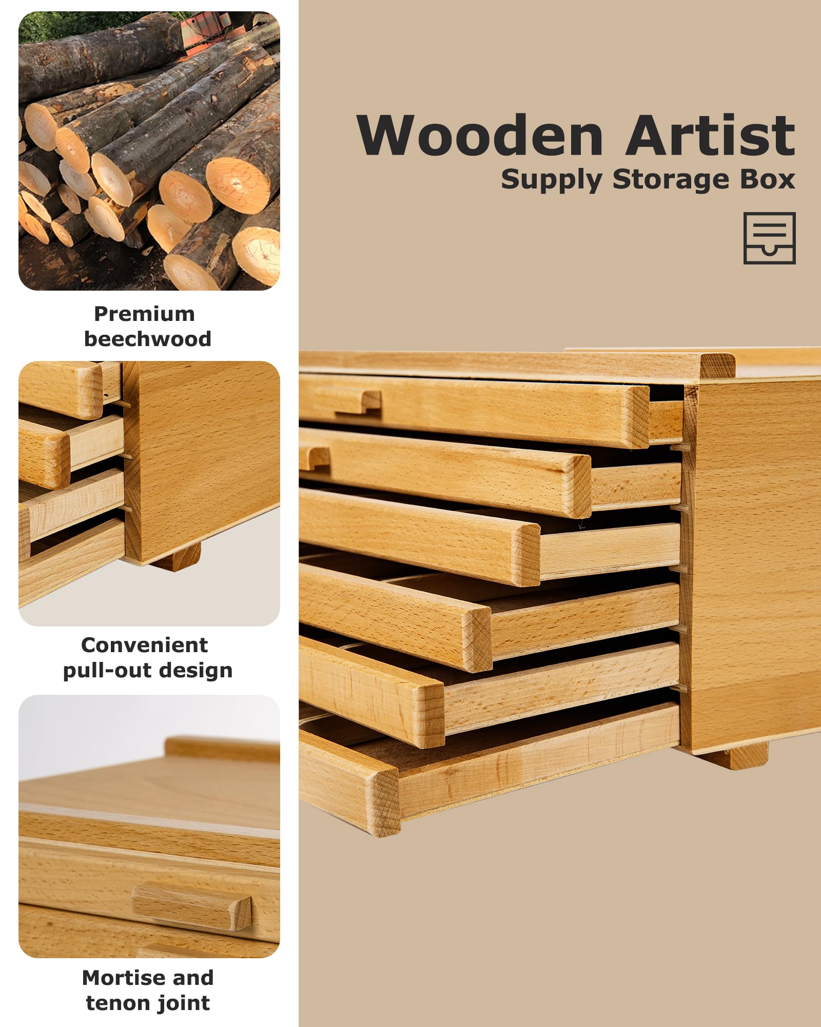 DJAR 6-Drawer Storage Box for Art Supplies, Beech Wood Desk Organizer for Pastels, Brushes, Pencils, Removable Drawers