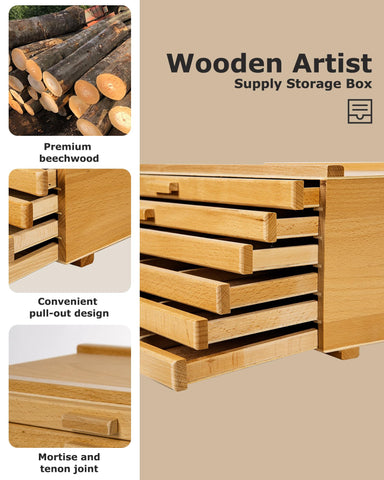 DJAR 6-Drawer Storage Box for Art Supplies, Beech Wood Desk Organizer for Pastels, Brushes, Pencils, Removable Drawers
