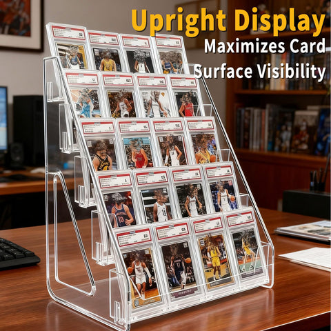 Oncpcare 3-Tier Transparent Trading Card Display Stand – Vertical PET Rack for Toploaders, Magnetic Holders, Collectible and Standard Card Slabs