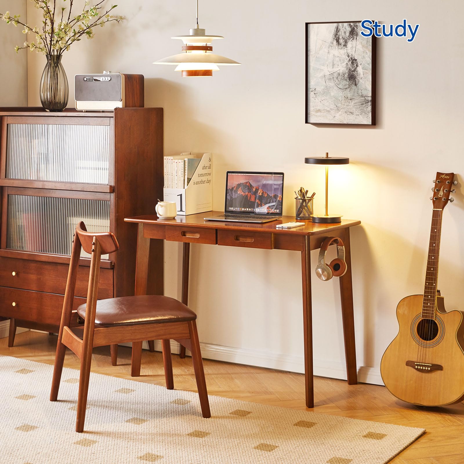 Aibiju Solid Wood Desk, Writing Desk, Small Office Table with drawers, 39x20x30inch Computer Desk with storage and Hanging Rod for Home Office
