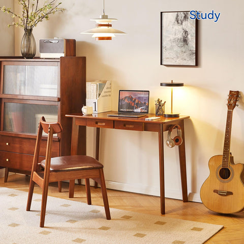 Aibiju Solid Wood Desk, Writing Desk, Small Office Table with drawers, 39x20x30inch Computer Desk with storage and Hanging Rod for Home Office