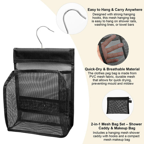 Juyibaao Hanging Mesh Shower Caddy with Hooks & Mesh Makeup Bag Set, Portable Shower Organizer, Quick Dry Peg Bag for Bathroom, Dorm, Gym, Travel