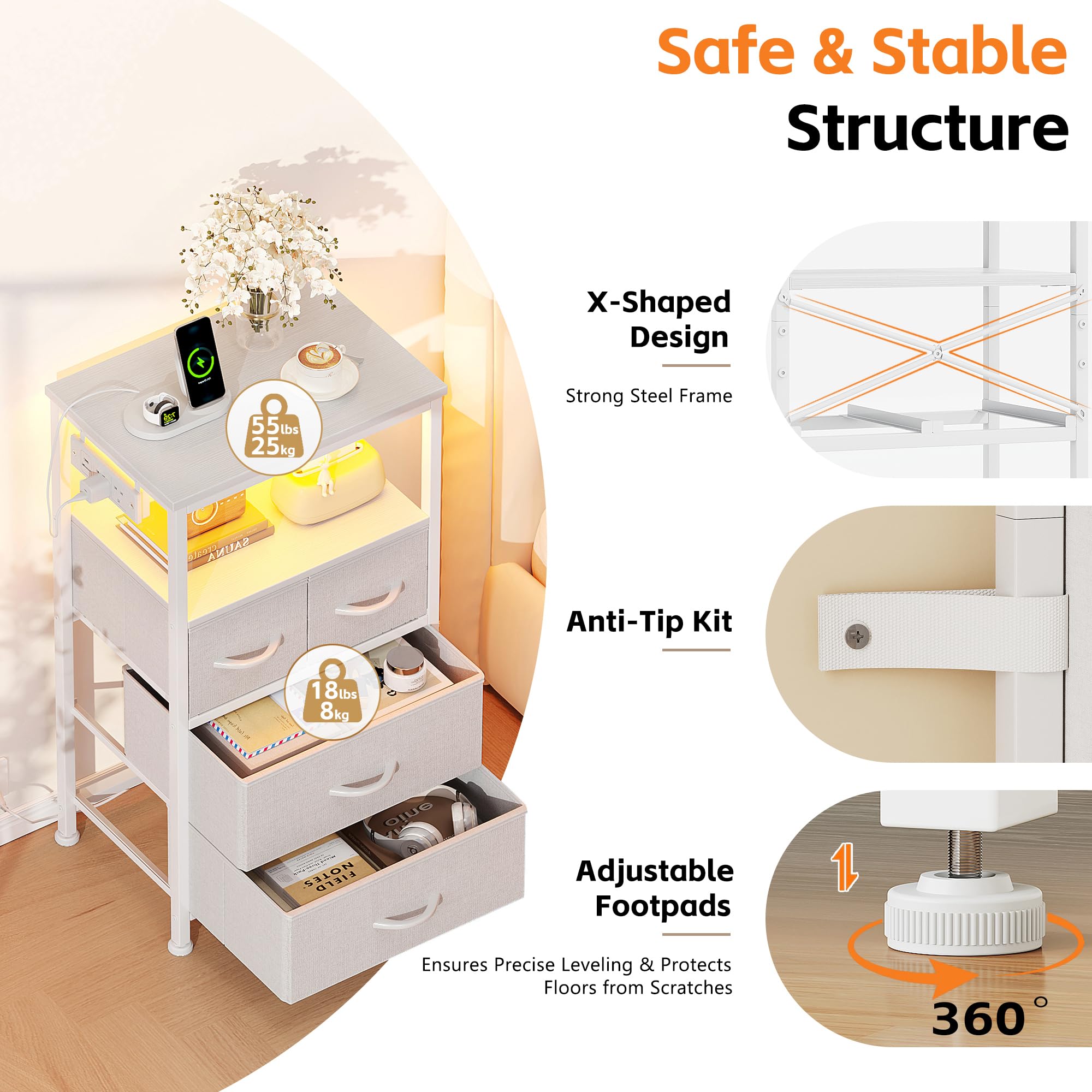 Flrrtenv Bedside Table with Charging Station, 4 Drawers Bedside Cabinet for Bedroom, LED Nightstand with Storage Shelf