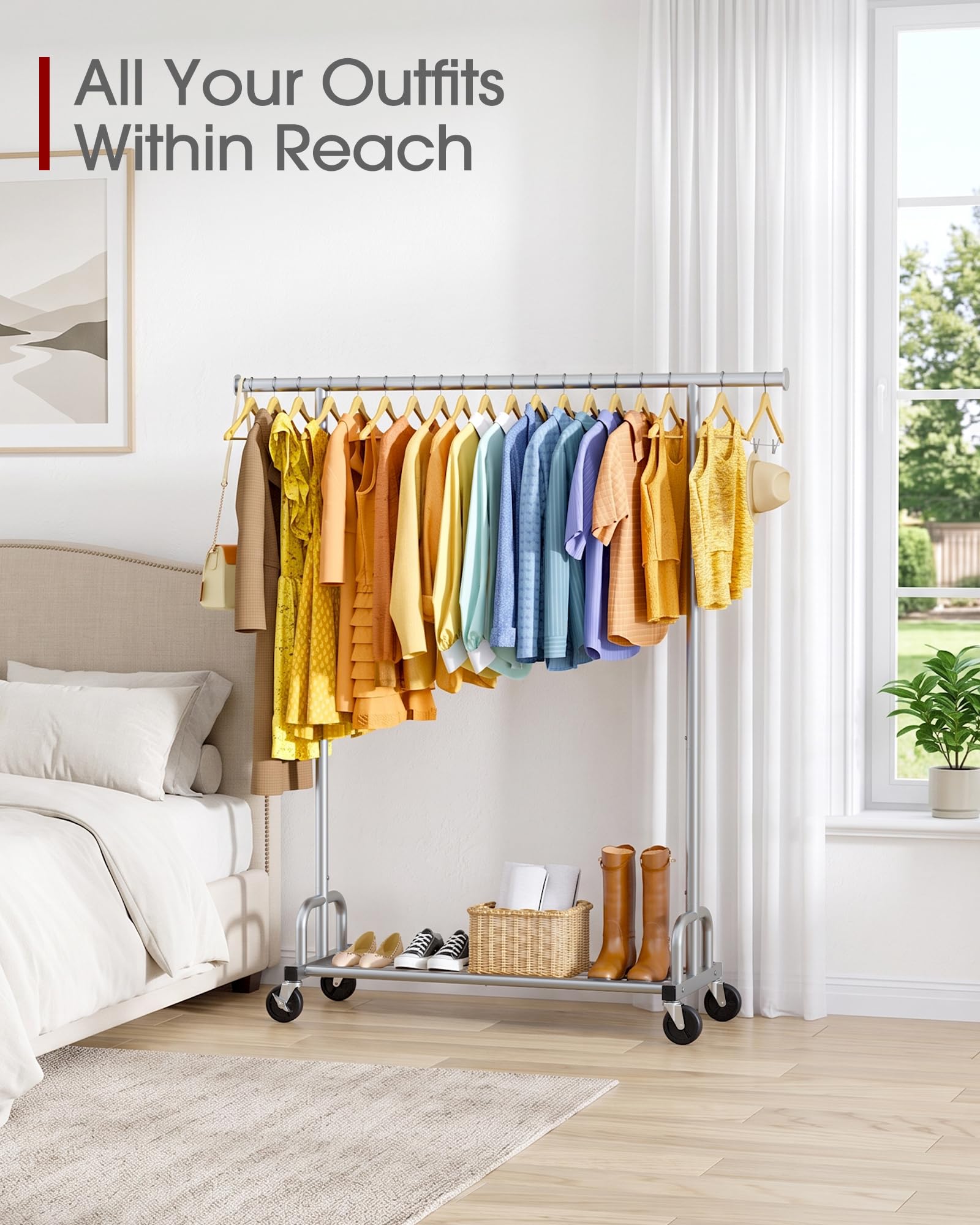 Sakugi Heavy-Duty Clothing Rack Wide Rod & Mesh Shelf, 116x43x150cm, Silver
