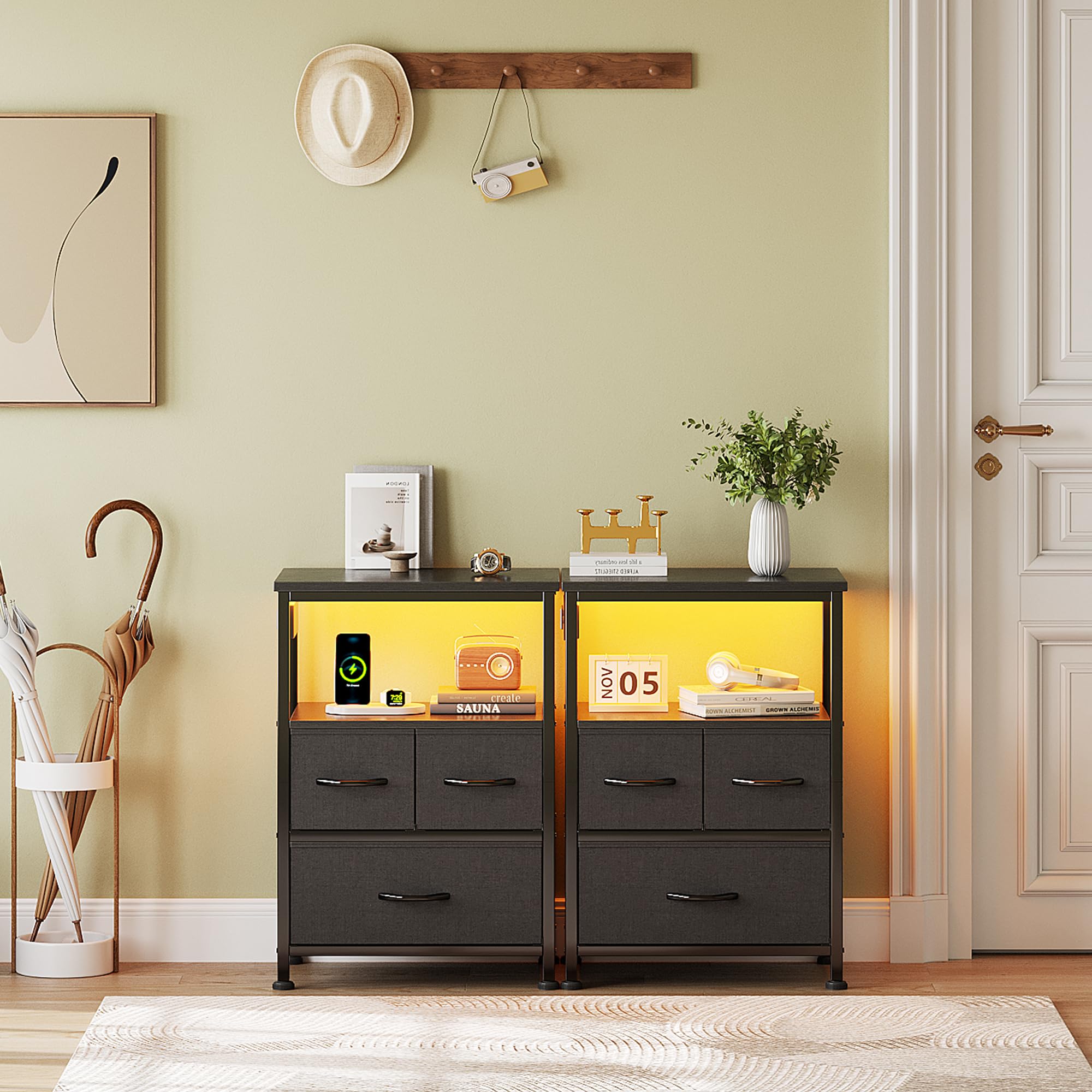 Flrrtenv Bedside Table with Charging Station, 3 Drawers Bedside Cabinet for Bedroom, LED Nightstand with Storage Shelf
