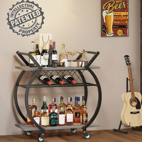 LVB Drinks Trolley on Wheels, Bar Cart with Wine Rack, Kitchen Coffee Cart, Industrial Wood and Metal Liquor Wine Cart for Home