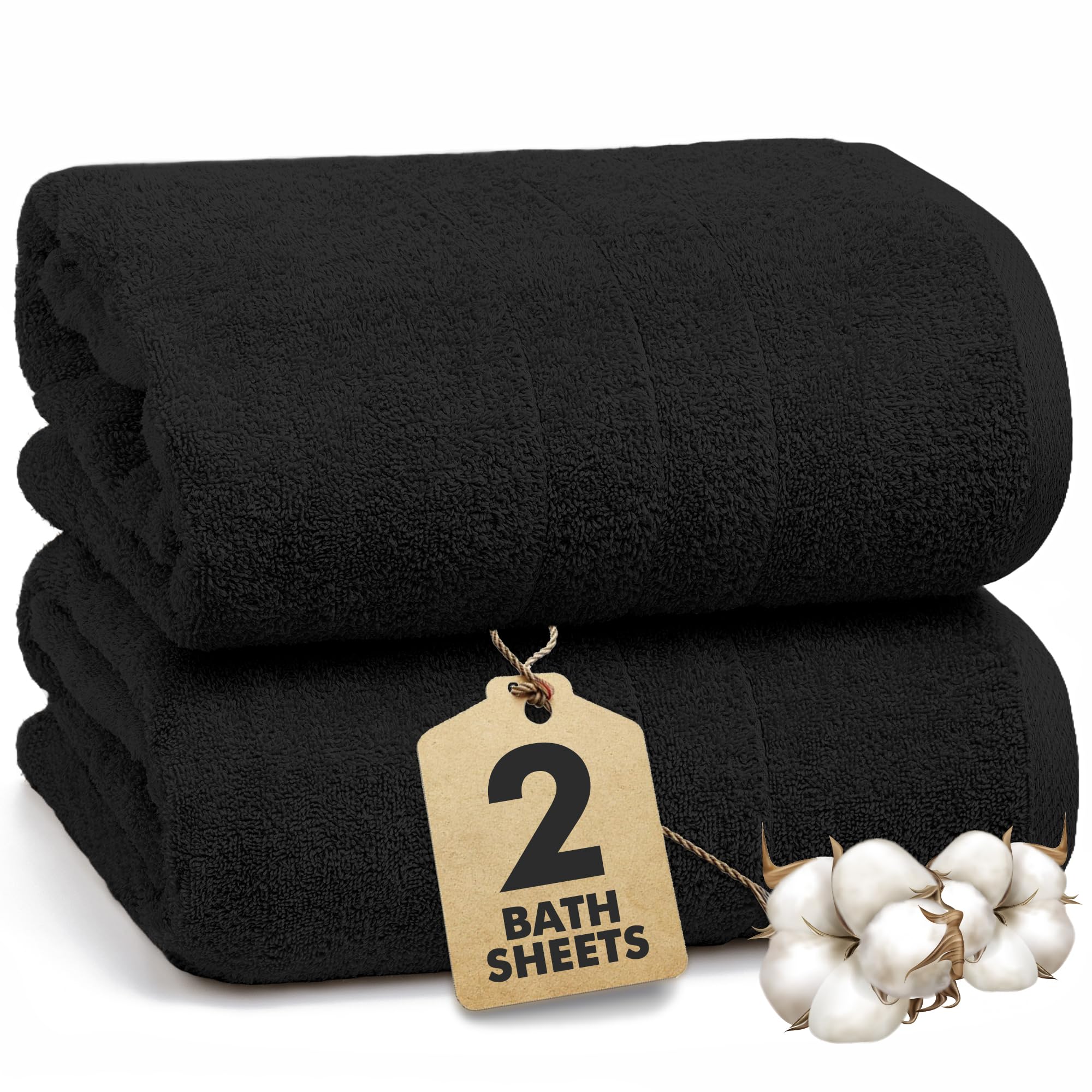 Novo Home Bath Sheets - Extra Large Bathroom Sheet Set – 550 GSM Pack of 2 Jumbo Towels Black (90x180cm)