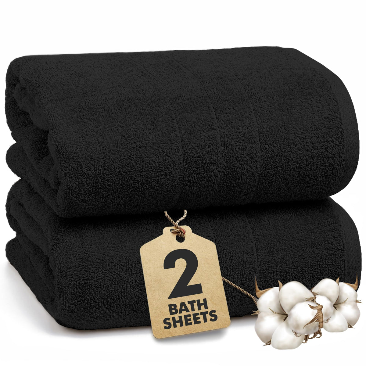 Novo Home Bath Sheets - Extra Large Bathroom Sheet Set – 550 GSM Pack of 2 Jumbo Towels Black (90x180cm)