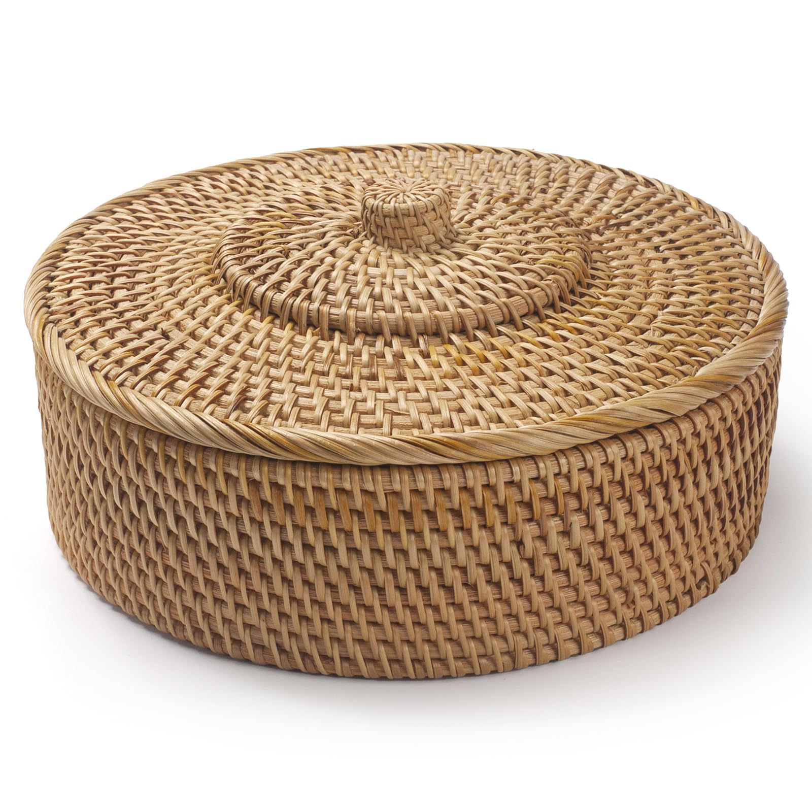 Rattan Basket With Lid, Wicker Basket for Organizing, Hand-Woven Decorative Box for Shlef or Table, Natural