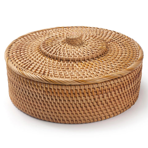 Rattan Basket With Lid, Wicker Basket for Organizing, Hand-Woven Decorative Box for Shlef or Table, Natural
