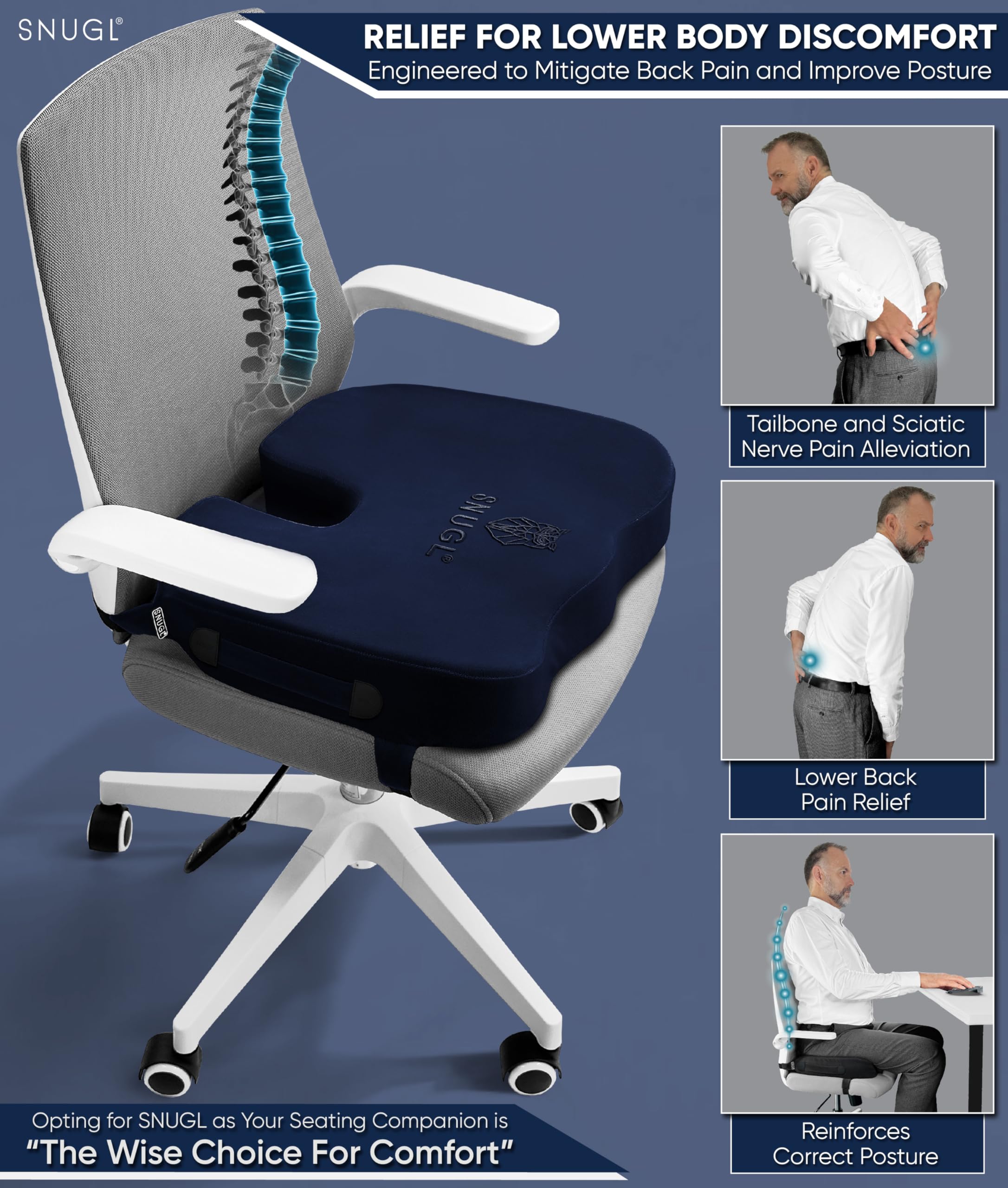 SNUGL Coccyx Seat Cushion – Orthopedic Memory Foam Pillow for Desk Chair, Gaming, Wheelchair, Car Seat, Postpartum & Pregnancy, Hemorrhoids Treatment