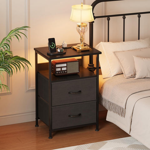 Flrrtenv Bedside Table with Charging Station, Smart Beside Cabinet, Nightstand with 2 Fabric Drawers & LED Light