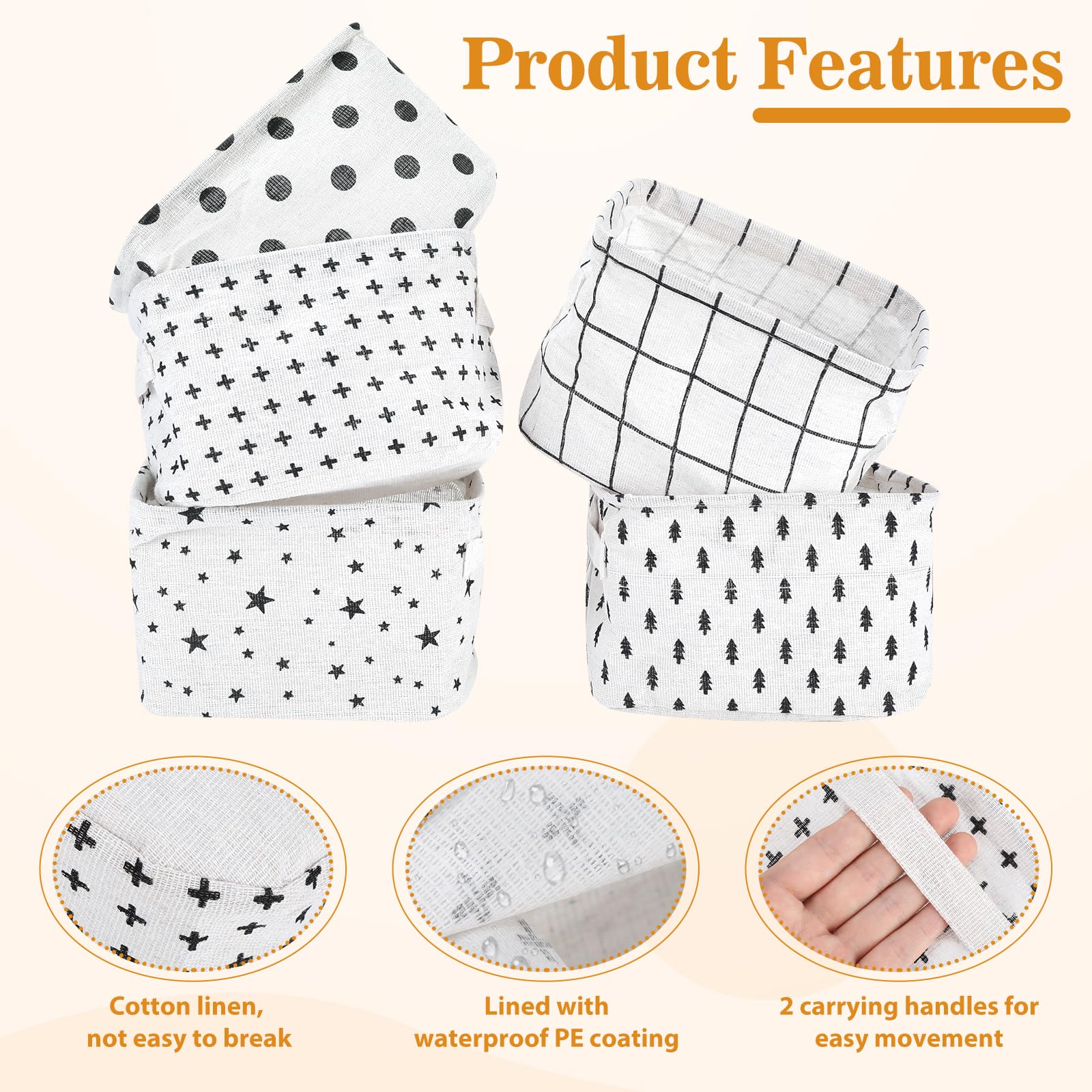 Haocjanc 5 Pack Small Fabric Storage Baskets, Collapsible Square Bathroom Storage Baskets, Waterproof Basket Organizer with Handles