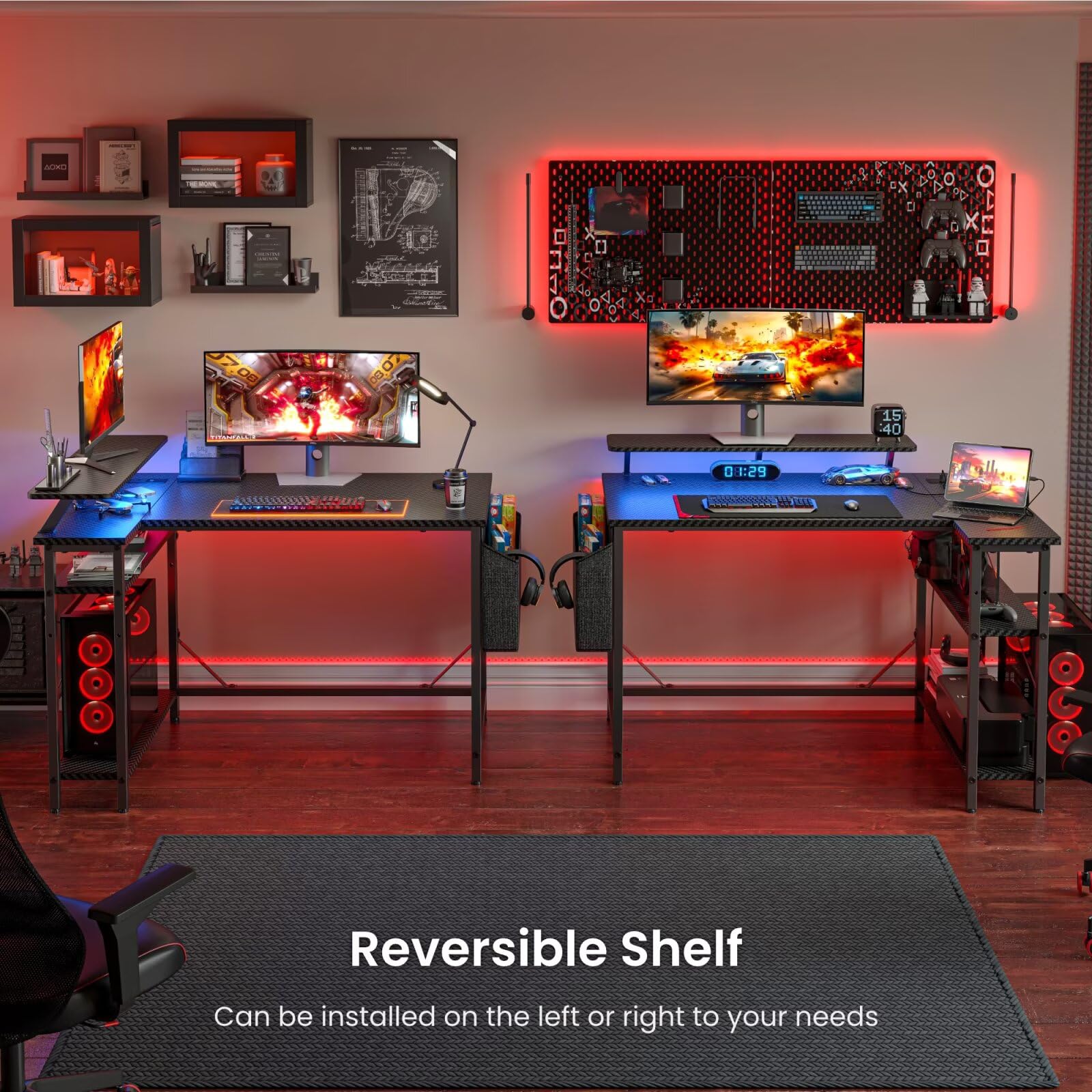 DOMSHOCT L Shaped Gaming Desk with LED Lights & Power Outlets, 140*80cm Corner Computer Table with Storage Bag & Adjustable Shelves & Large Monitor