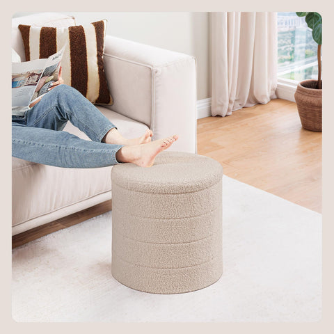 PINPLUS Round Ottoman Storage, Convertible Table, Beige, 43x43x45 cm