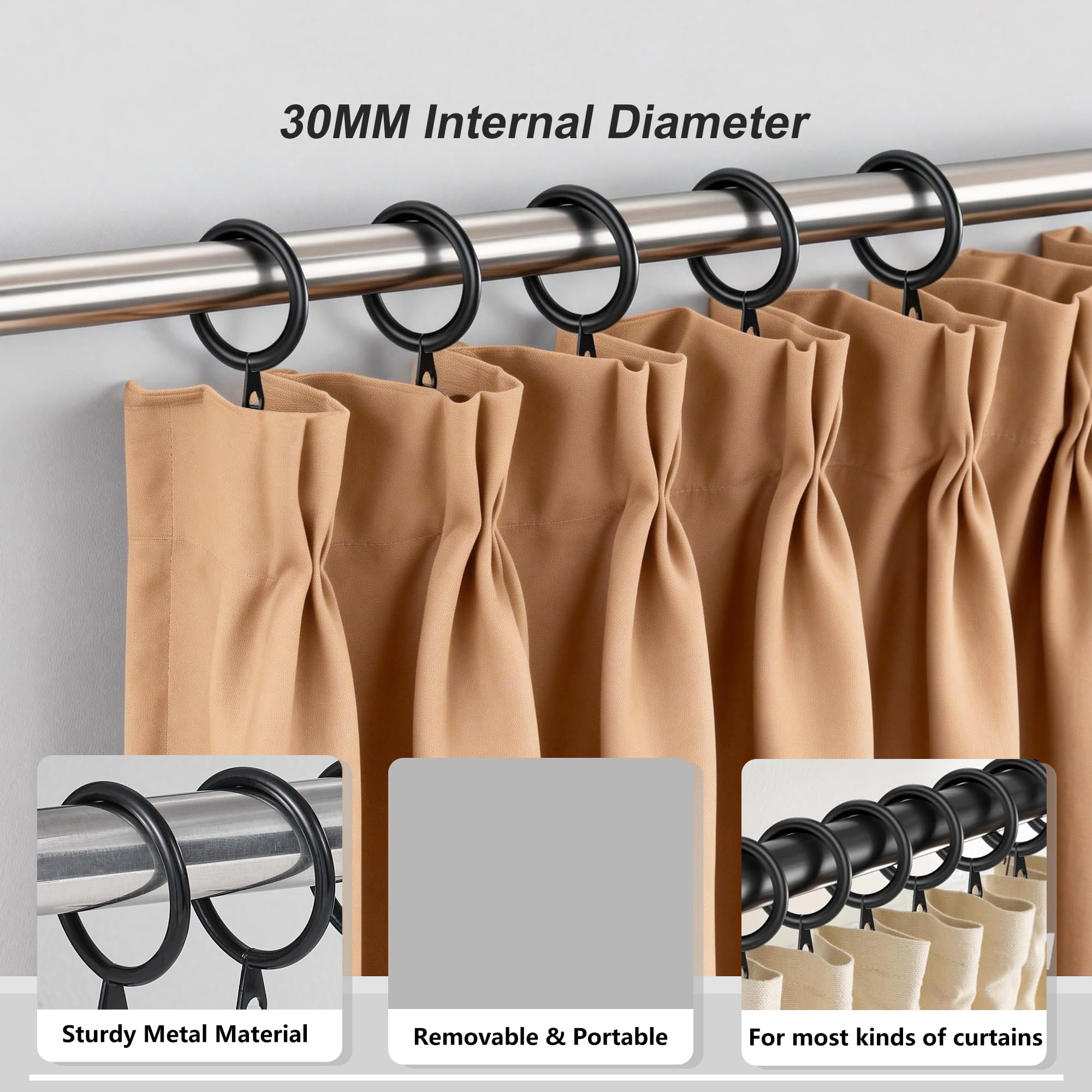 24 Pieces black metal curtain rings and 24 Pieces white plastic Curtain Hooks for curtains (30mm internal diameter)