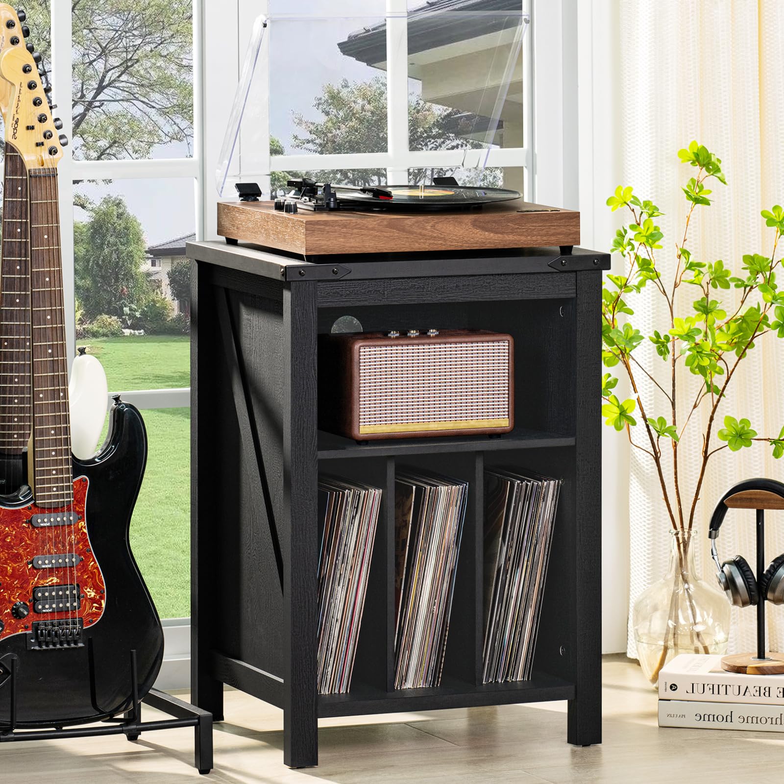 LELELINKY Record Player Stand with Vinyl Record Storage,Black