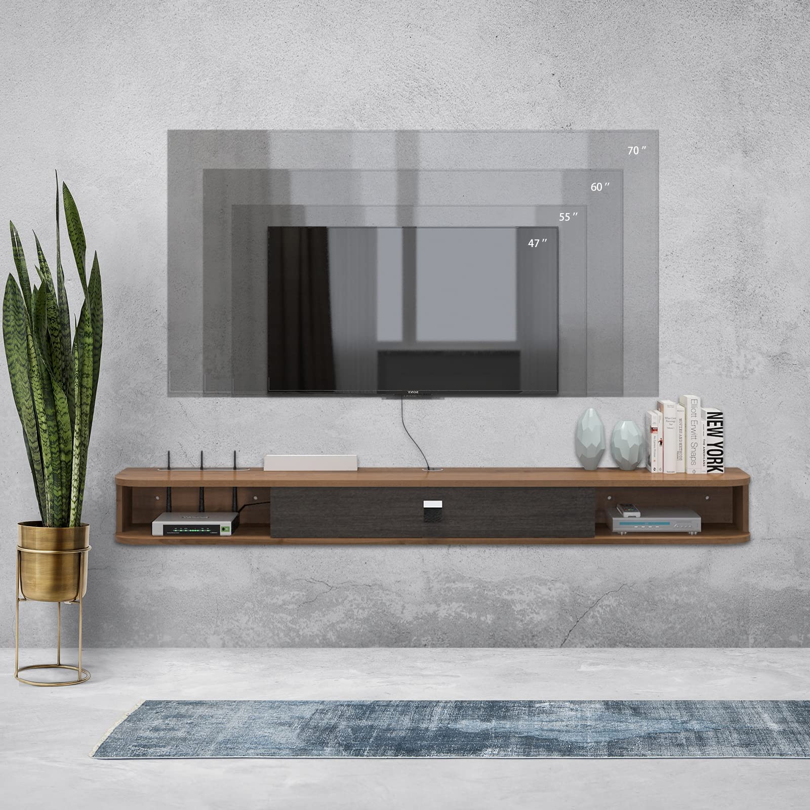 Pmnianhua Floating TV Stand, Wall Mounted TV Cabinet, Floating Shelves with Door, Modern Entertainment Media Console Center Large Storage TV Bench
