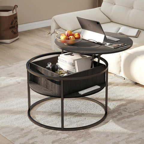 HOJINLINERO Round Coffee Table,Lift Top Coffee Tables for Living Room,Wooden Coffee Table with Hidden Storage & Lift Up Top,Modern Sofa Tea End