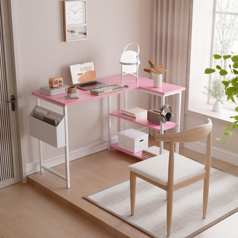 PAMRAY 100 cm L Shaped Computer Desk with Reversible Side Storage Shelves, Small Corner Desk for Small Space Home Office,Writing Study PC Table for