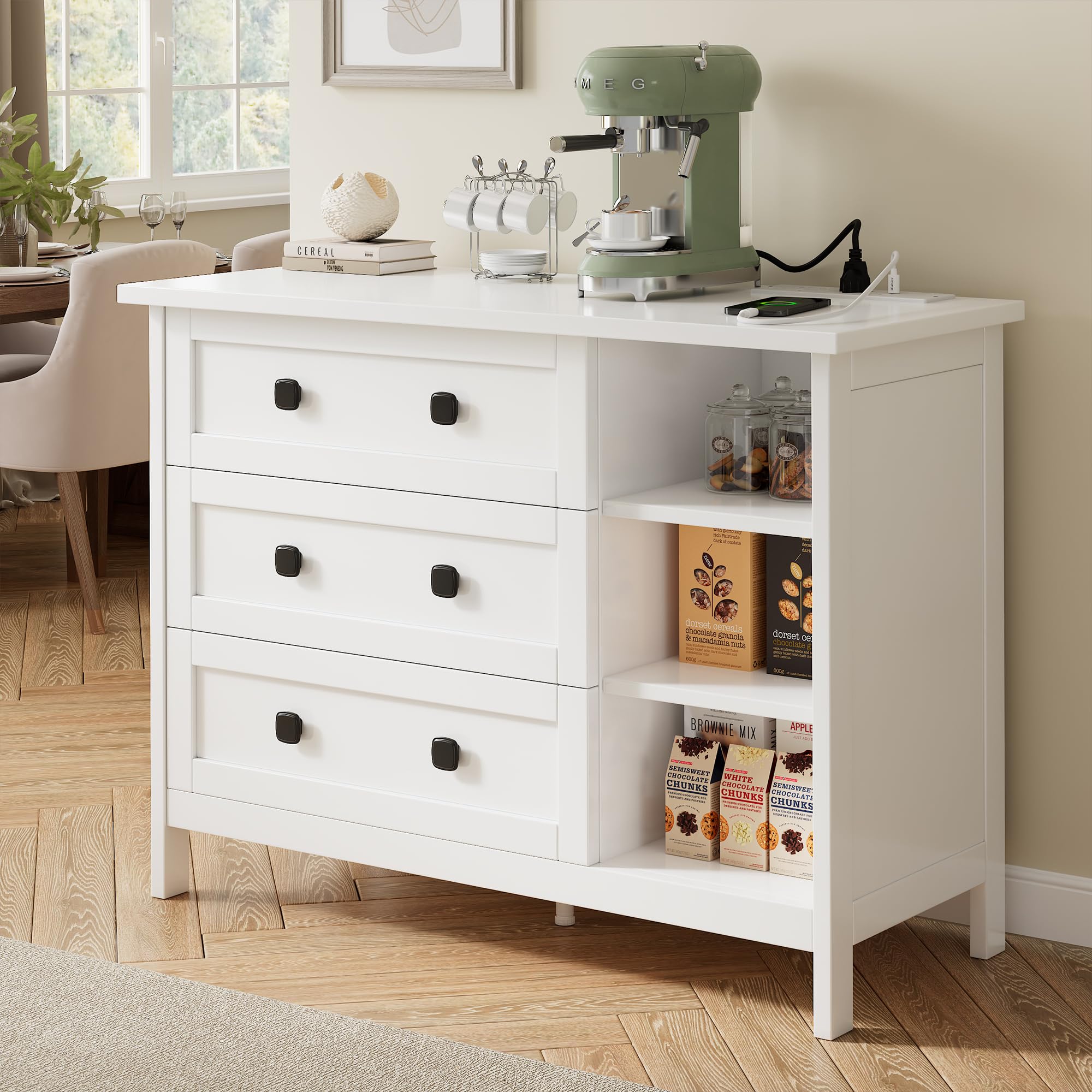 Feonase White Chest of Drawers Bedroom with Charging Station, 3 Drawer Chest of Drawers with Open Storage Unit