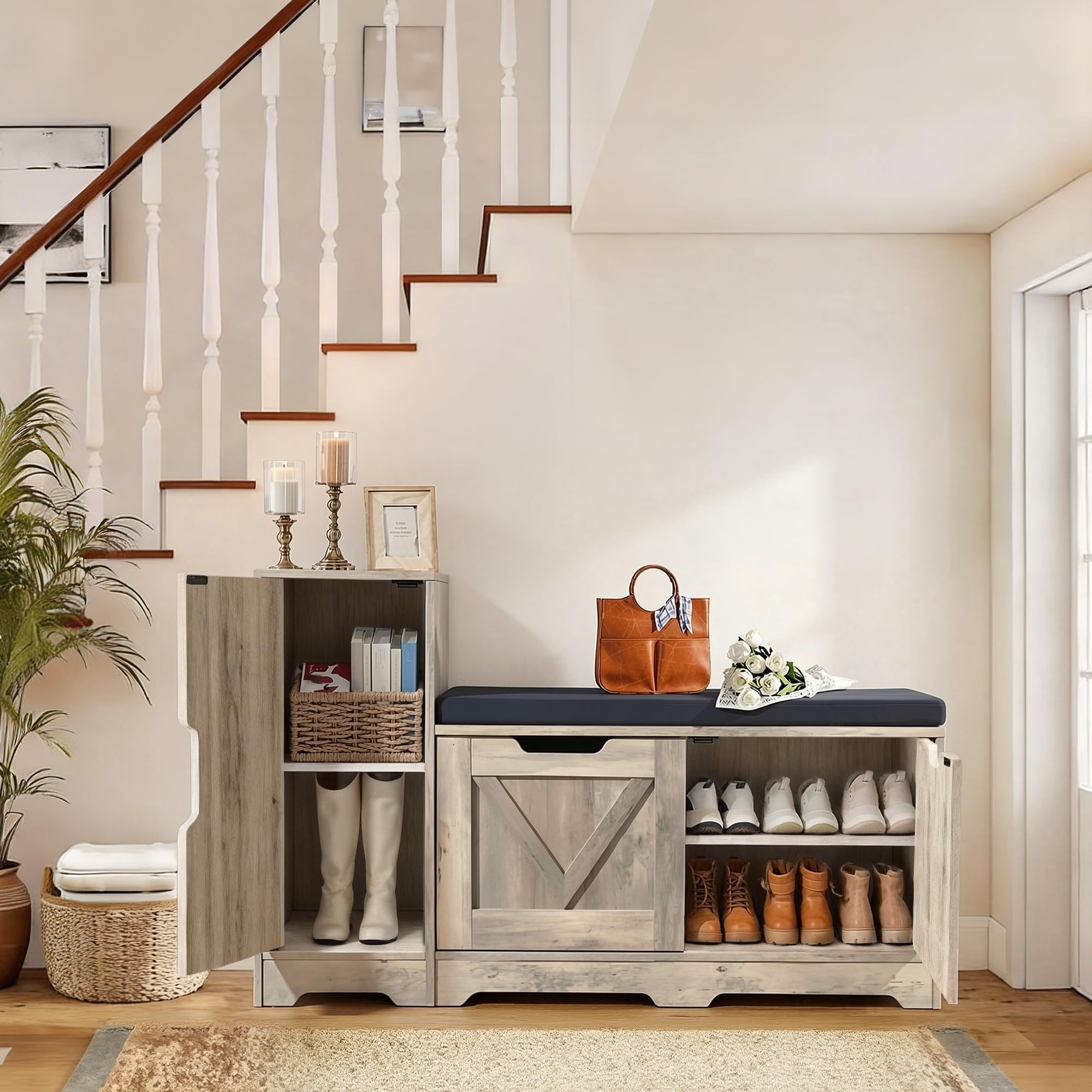 YITAHOME Shoe Bench with Side Cabinet, Padded Seat, 105cm, Grey