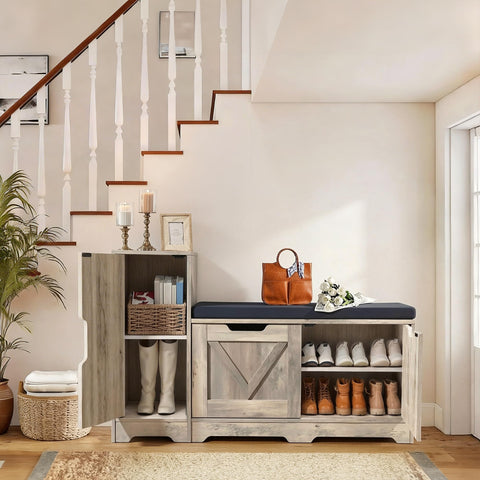 YITAHOME Shoe Bench with Side Cabinet, Padded Seat, 105cm, Grey
