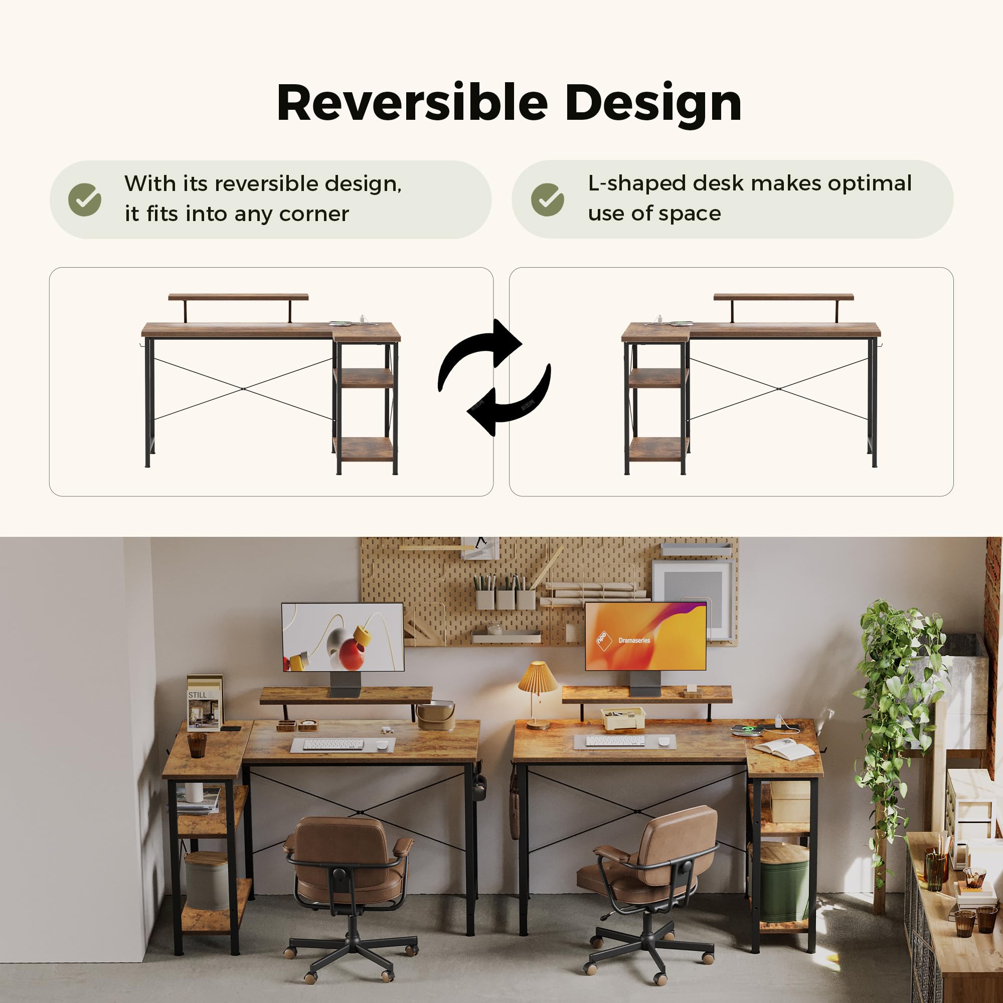 Mericonia Reversible Corner Desk, w. Led & Power Outlets, 100x70cm, Brown