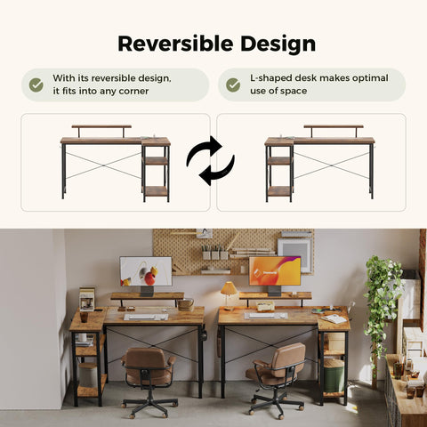Mericonia Reversible Corner Desk, w. Led & Power Outlets, 100x70cm, Brown