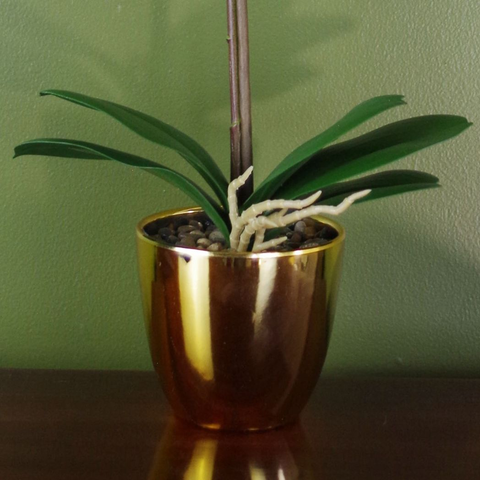 48cm Harlequin Orchid Artificial Pink with Gold Pot