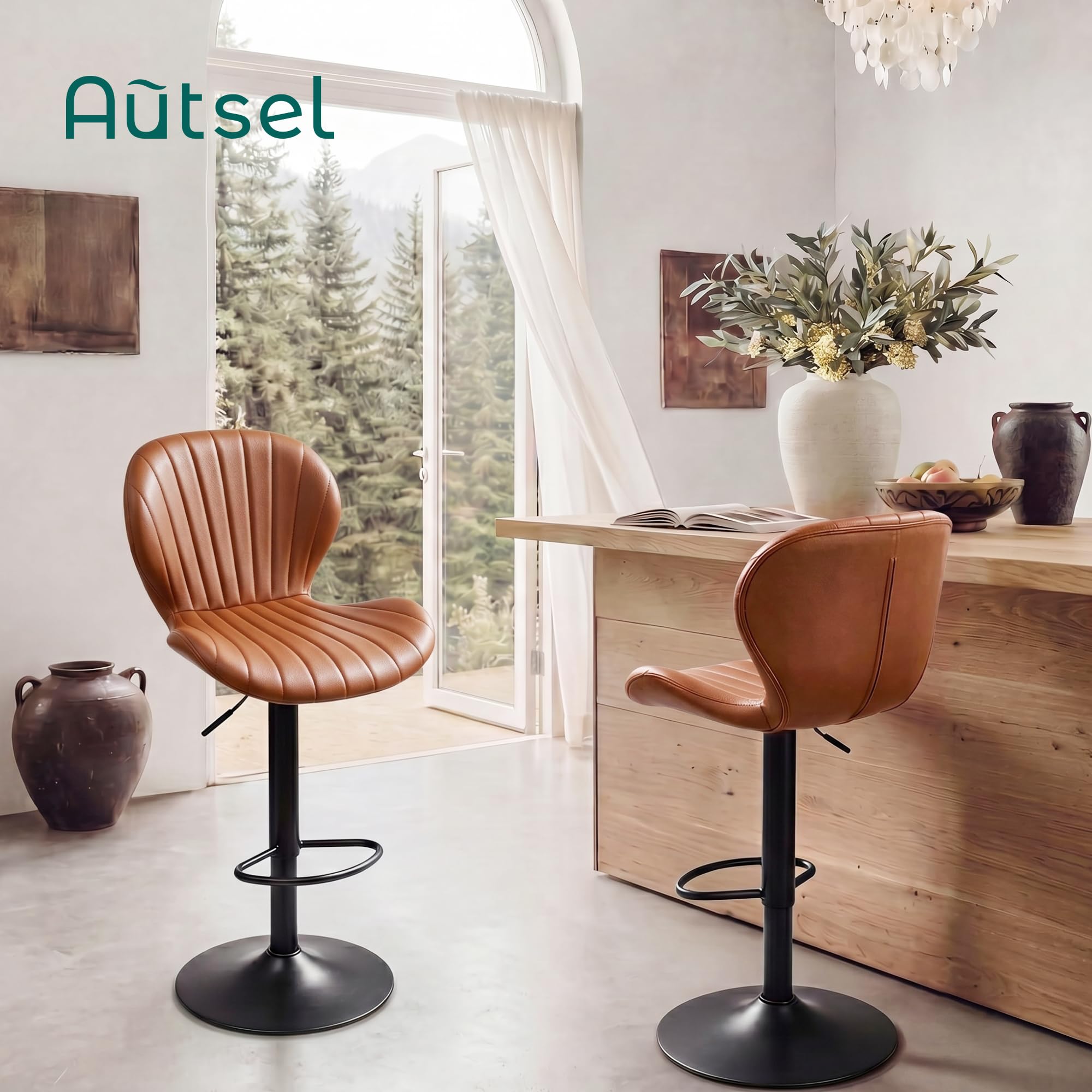 Bar Stools Set of 2, 360°Swivel Bar Chairs, Kitchen Dining Stools, Brown