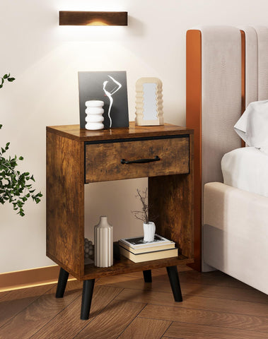 YMYNY Nightstand Set of 2, Bedside Table, Side Table with Fabric Drawer, Handle and Open Compartment, Solid Wood Legs