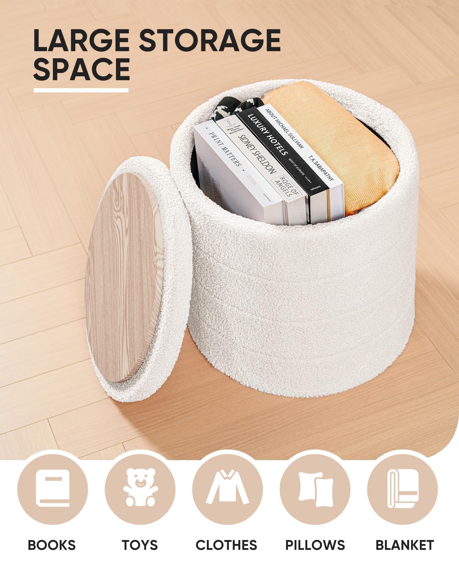 Bonlife Boucle Ottoman Storage, Foot Rest Stool Seat, Folding Footstool for Living Room, Sherpa Ottoman for Bedroom, Cream, 43x43x45 cm