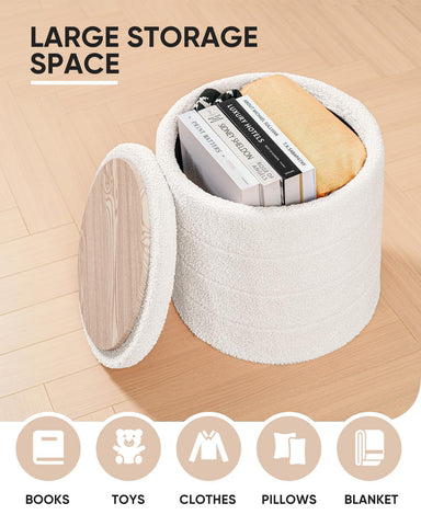 Bonlife Boucle Ottoman Storage, Foot Rest Stool Seat, Folding Footstool for Living Room, Sherpa Ottoman for Bedroom, Cream, 43x43x45 cm