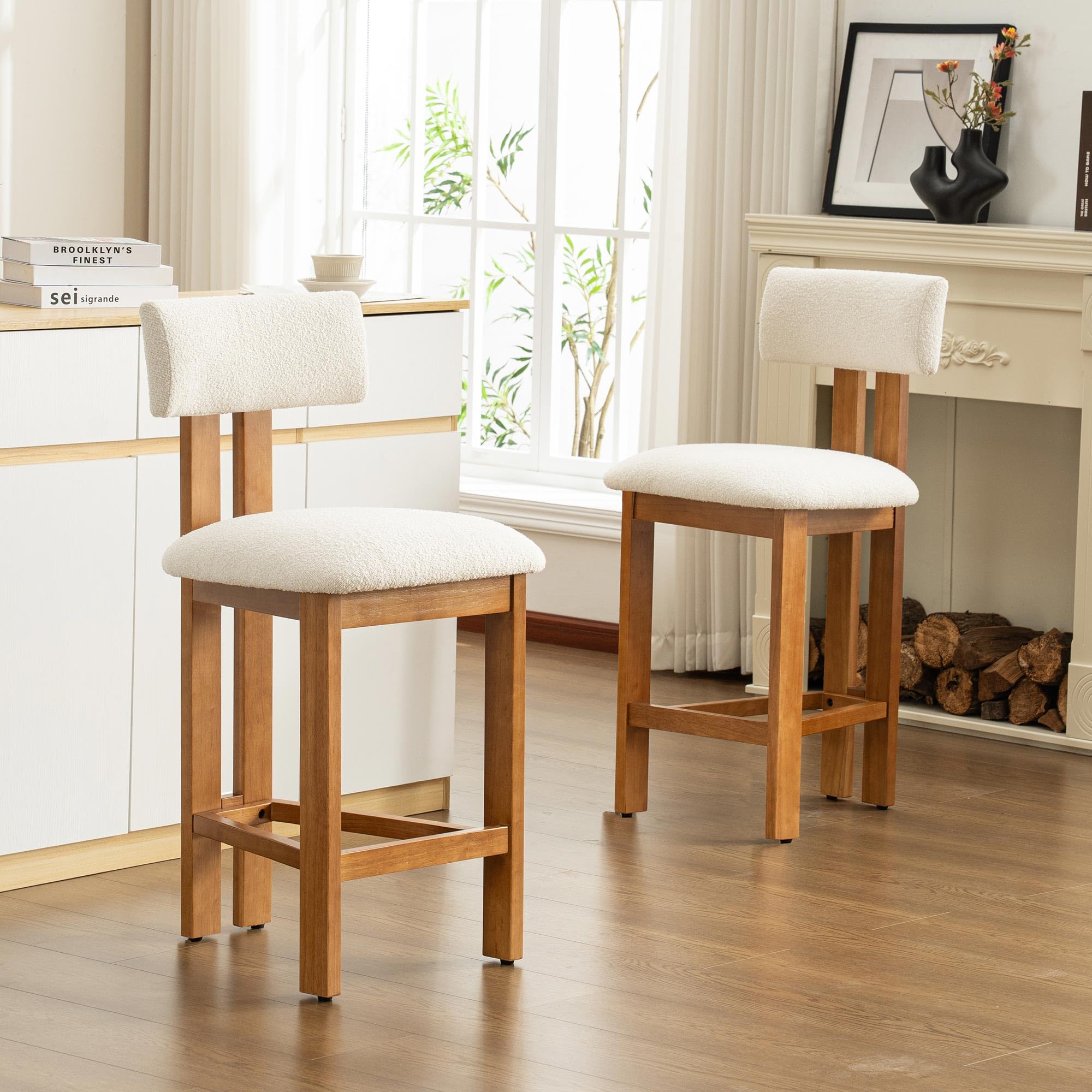 younturn Retro Mid Century Bar Stools Set of 2, Comfort Padded Boucle Upholstered Seats Breakfast Barstools with Backrest