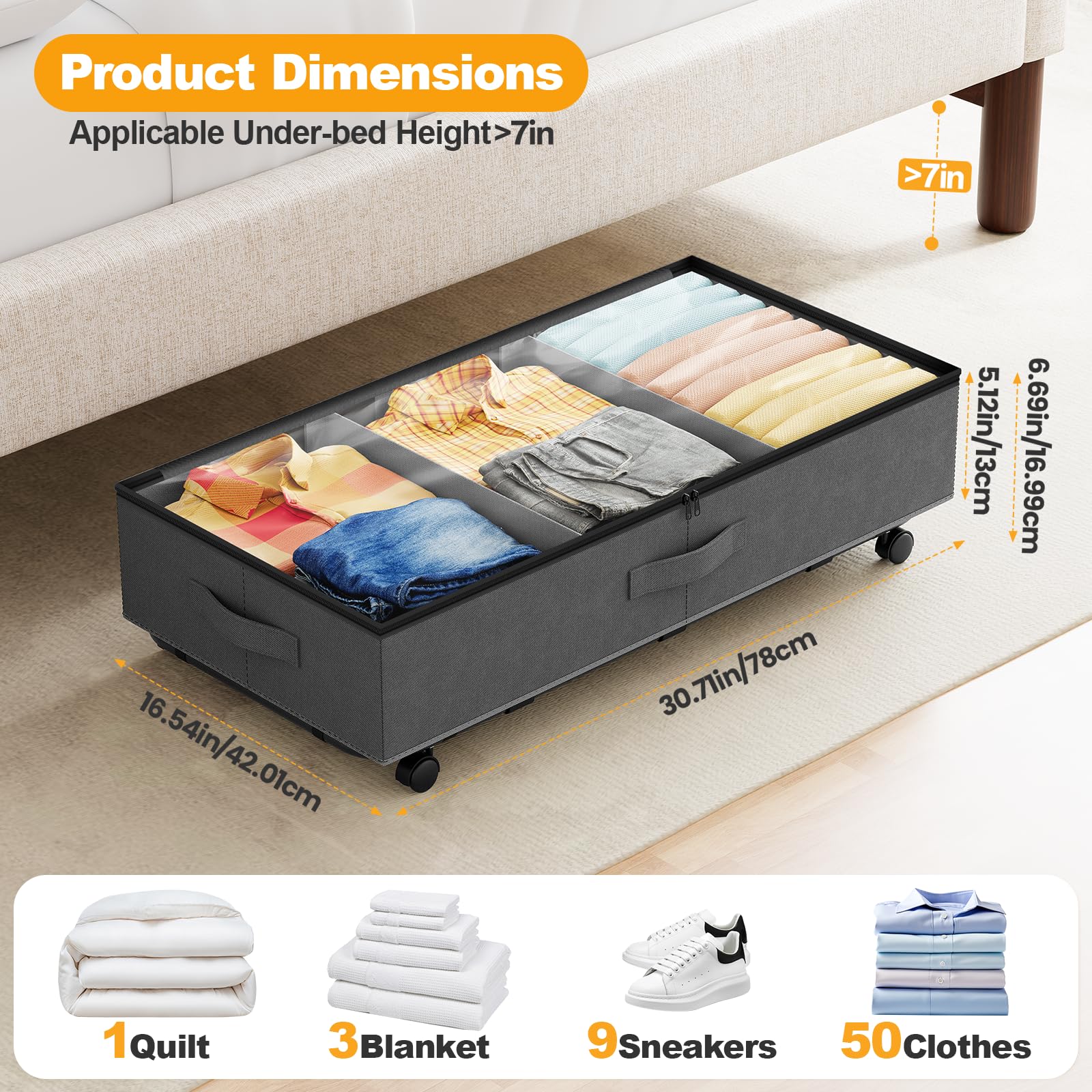 2 Pack Under Bed Storage on Wheels,Rolling Storage Drawers with Clear Lid
