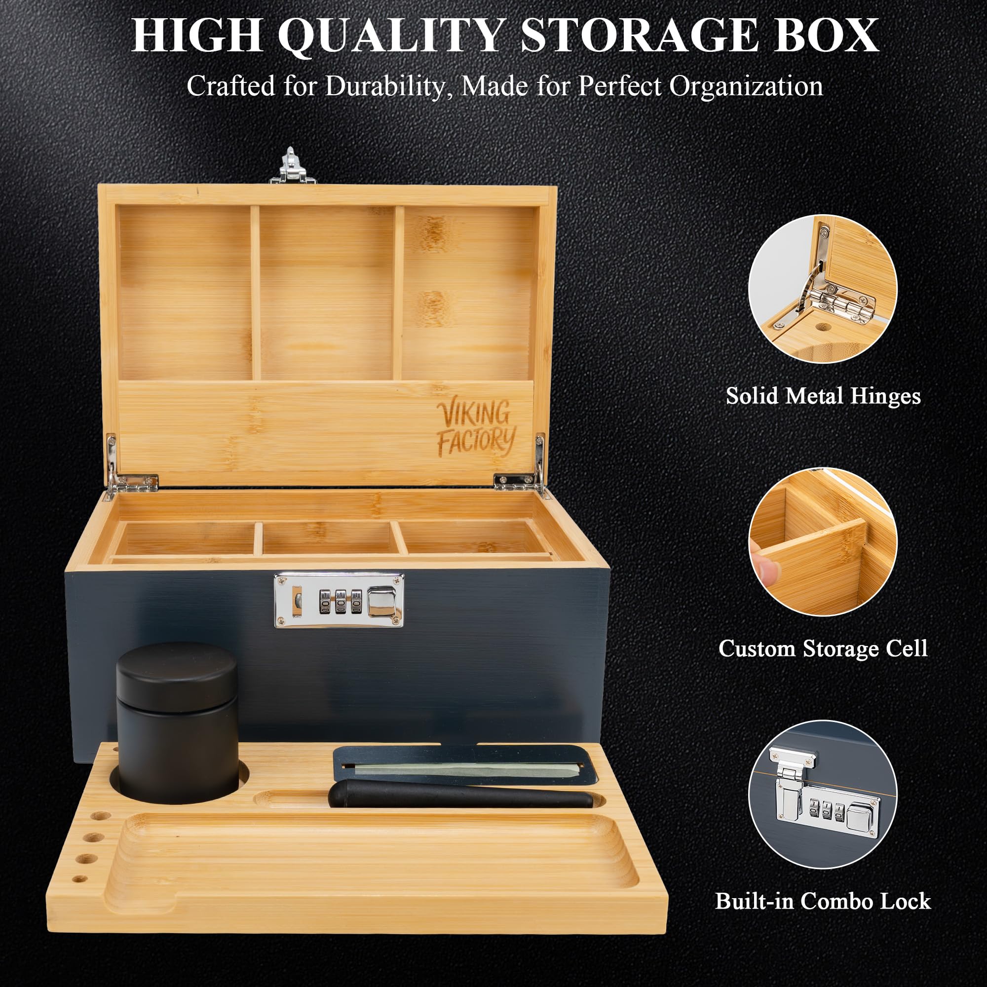 Viking Factory Large Lockable Bamboo Storage Box with Removable Tray and Combination Lock, 19-Piece Wooden Organizer Set with Jars
