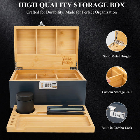 Viking Factory Large Lockable Bamboo Storage Box with Removable Tray and Combination Lock, 19-Piece Wooden Organizer Set with Jars