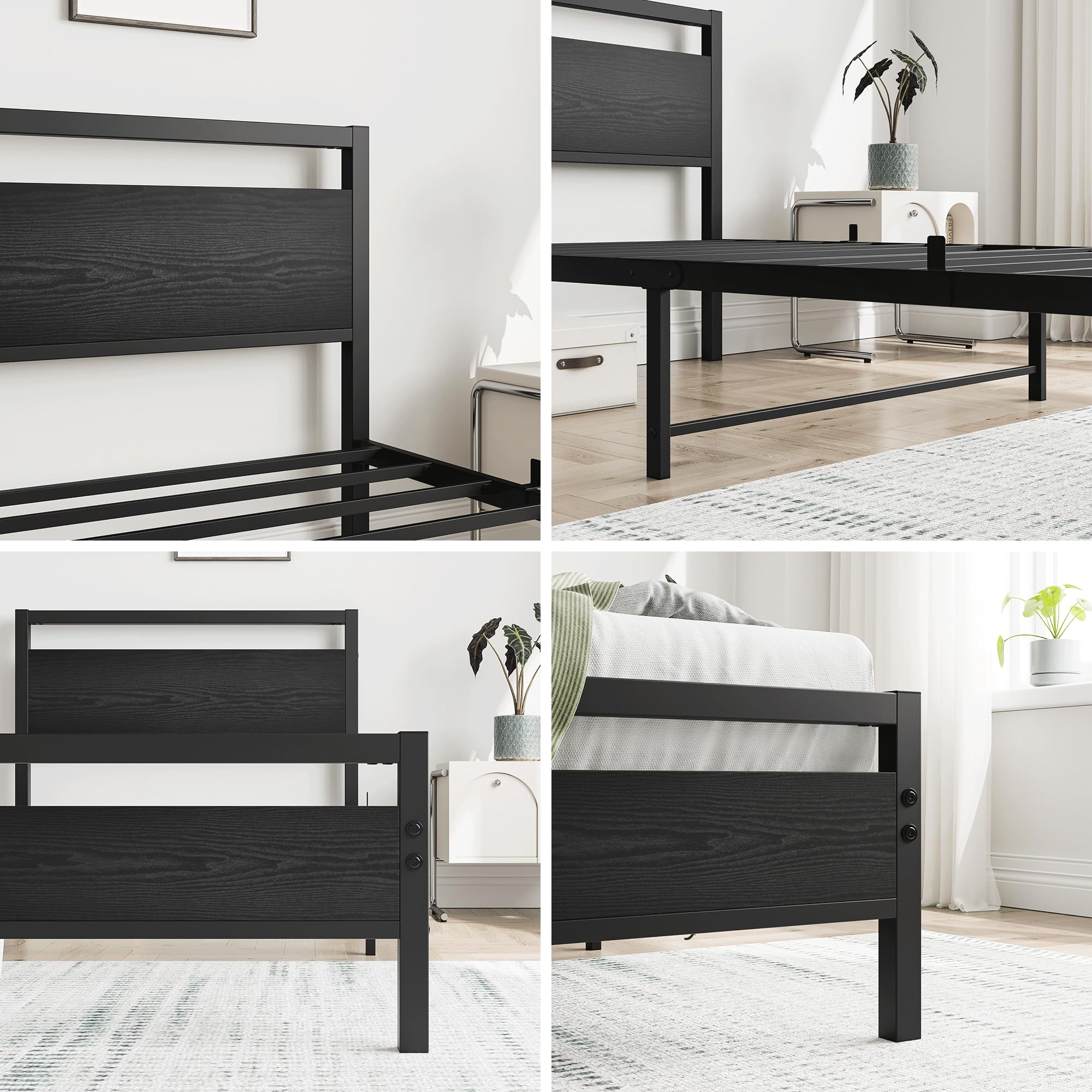 HOJINLINERO Single Bed Frame with Storage Headboard,90x190cm,Black