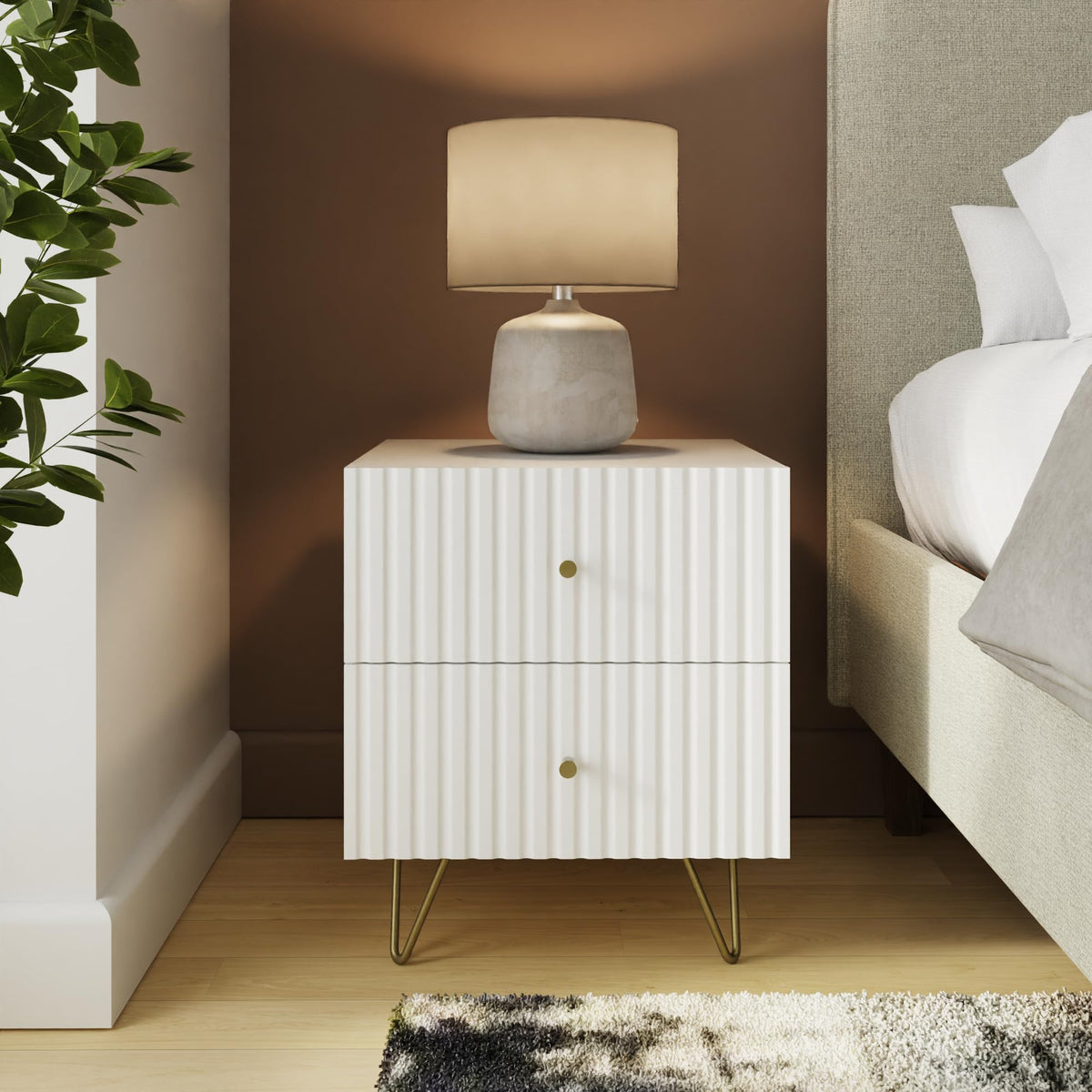 GFW Thalia 2 Drawer Bedside Table, Modern White Nightstand with Textured Finish & Hairpin Legs