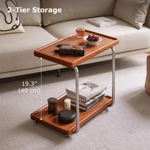 YESWOOD Solid Wood Side Table with Wheels, C Shaped Rolling End Table