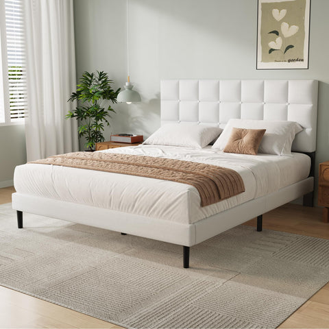 Yocreat King Bed Frame, Easy Assembly, Sturdy Wooden Slat Support, Upholstered Platform with Headboard, No Box Spring Needed, White King Bed 150×200