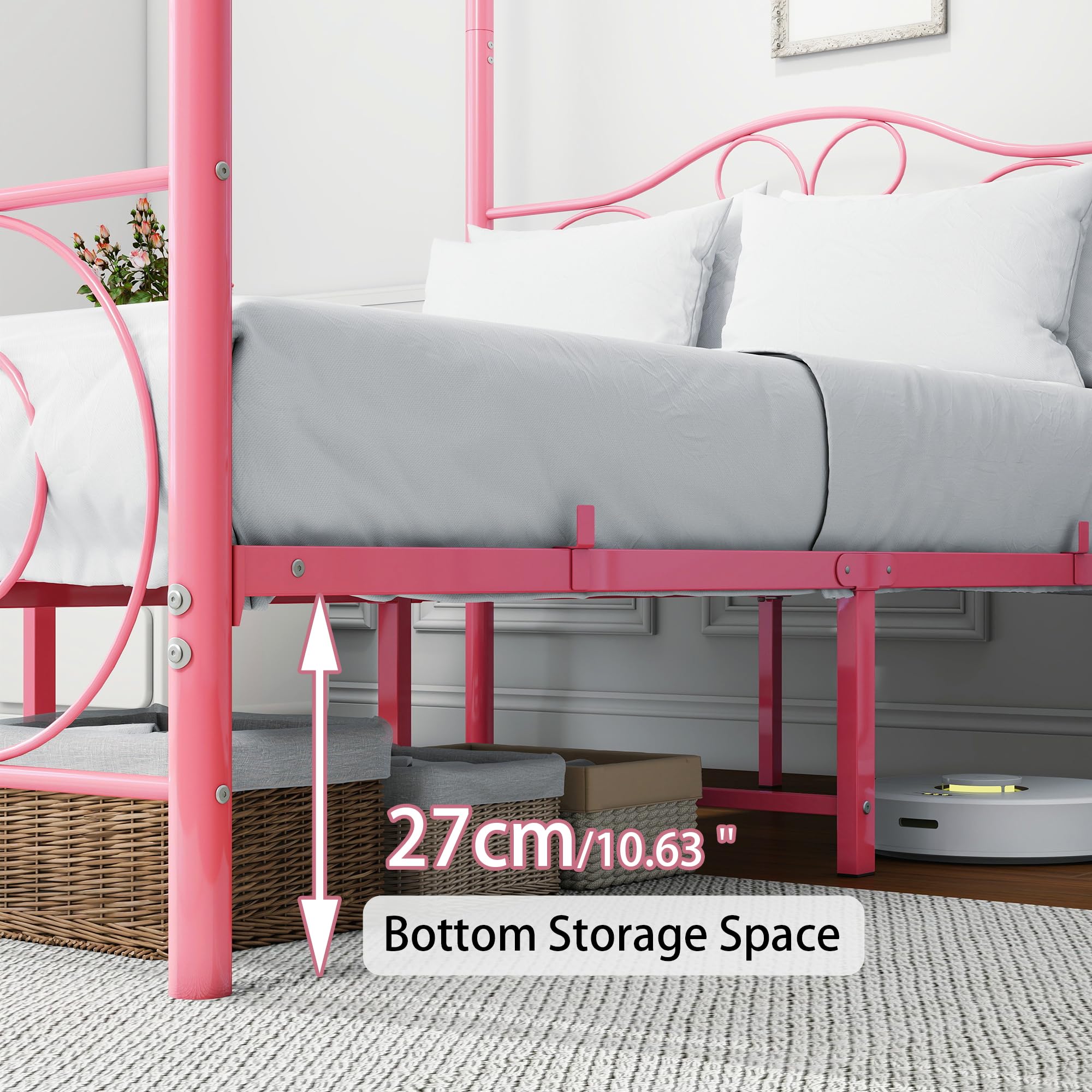 HAHRIR Double Canopy Bed Frame with Vintage Headboard & Footboard, Pink