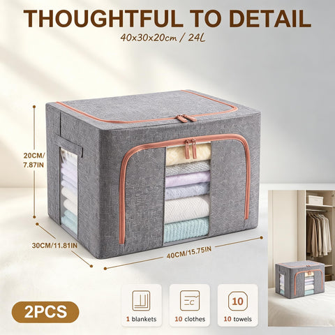 2 Pack Smart Space Storage Boxes,24L Clothes Organiser with Double Opening Zip and Clear Window Sided Zip Top Lid,Foldable Oxford Cloth Box with