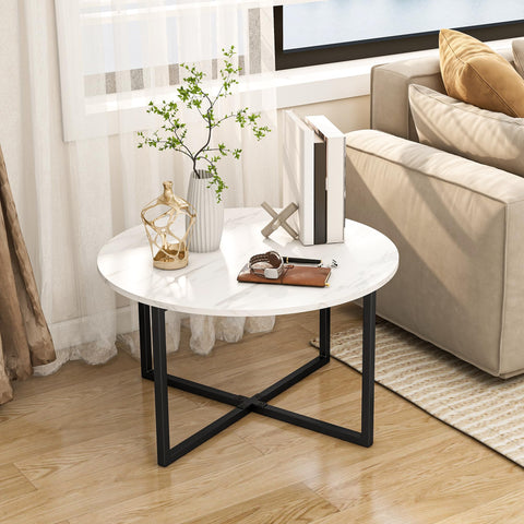 BOFENG Round Coffee Table Tea Table End Table Sofa Table for Living Room with Metal Legs,Black+White