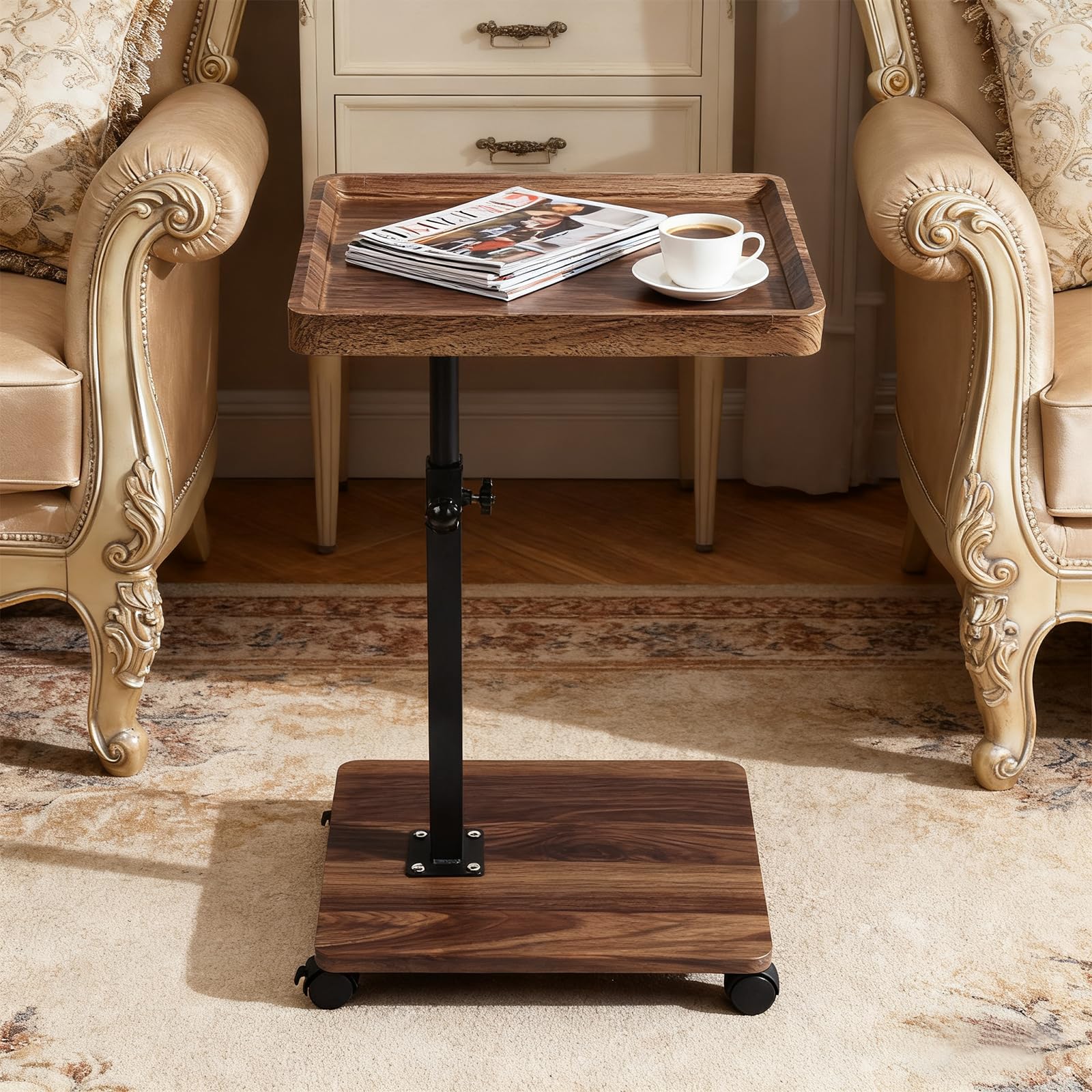 XUDREZ Adjustable Side Table, C Shaped Small Table with 4 Wheels 364° Swivel Tray, End Table for Living Room Bedroom Sofa Small Spaces (Walnut color)