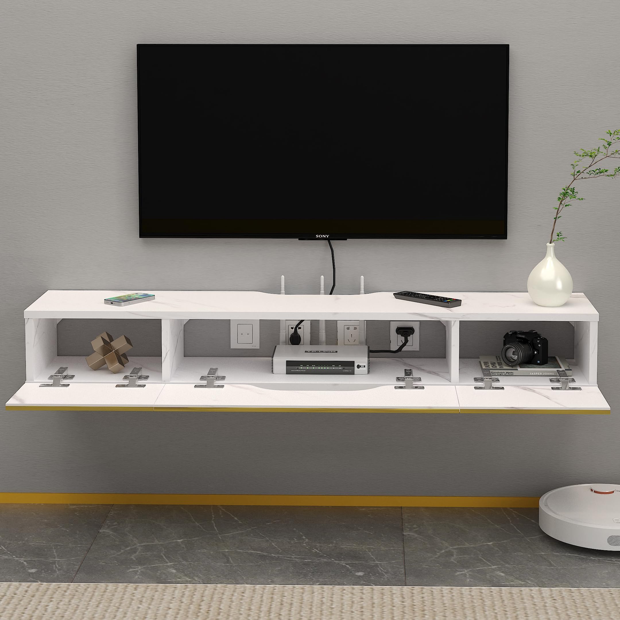 Pmnianhua Floating TV Unit, Wall Mounted TV Cabinet, Floating Shelves with 3 Doors
